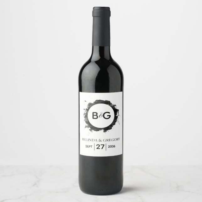 Simple Black White Wedding Wine Label (Front)