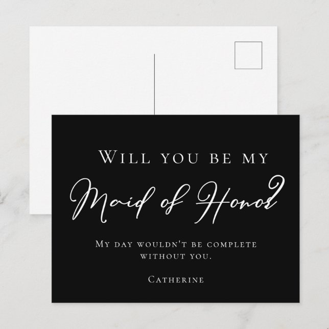 Simple Black White Will You Be My Maid of Honour Postcard (Front/Back)
