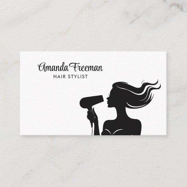 Simple Black & White Woman Hairdresser Business Card (Front)