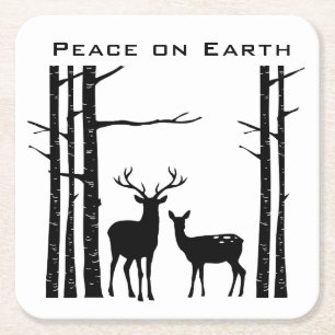 Simple Black/White Woodland Deer/Peace on Earth Square Paper Coaster