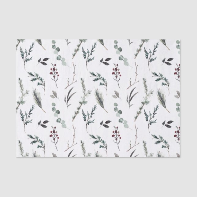 Simple Black Winter Botanical Watercolor Christmas Tissue Paper (Front)
