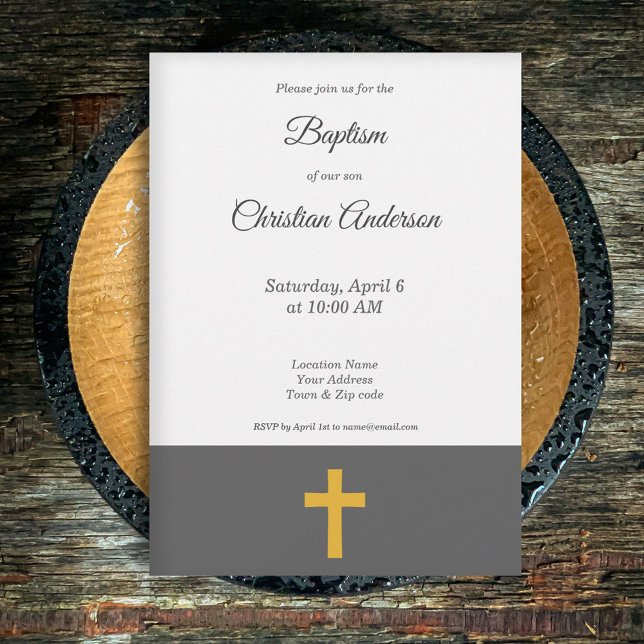 Simple, Black with a Gold Cross Baptism Invitation (Black with a Gold Cross Baptism Invitation)