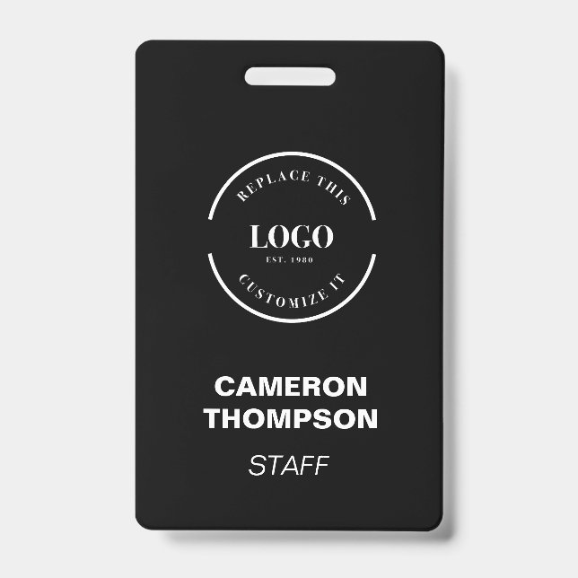 Simple Black with white logo business staff custom ID Badge (Front)