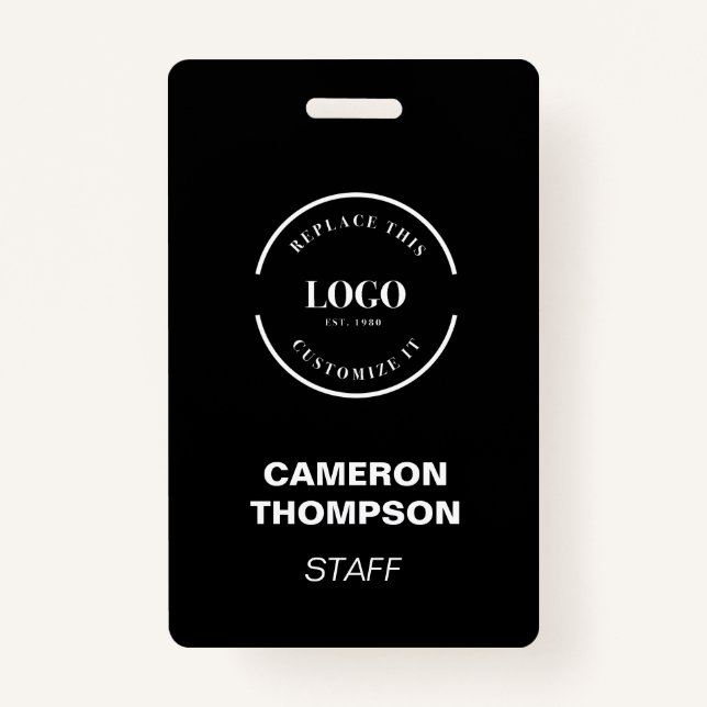Simple Black with white logo business staff custom ID Badge (Front)