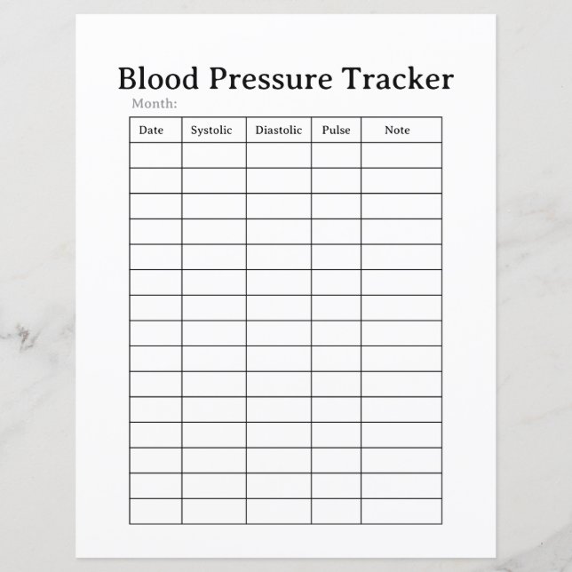 Simple Blood Pressure Tracker Sheet (Front)