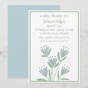 Simple Blue and Green Flowers Baby Shower Invitation