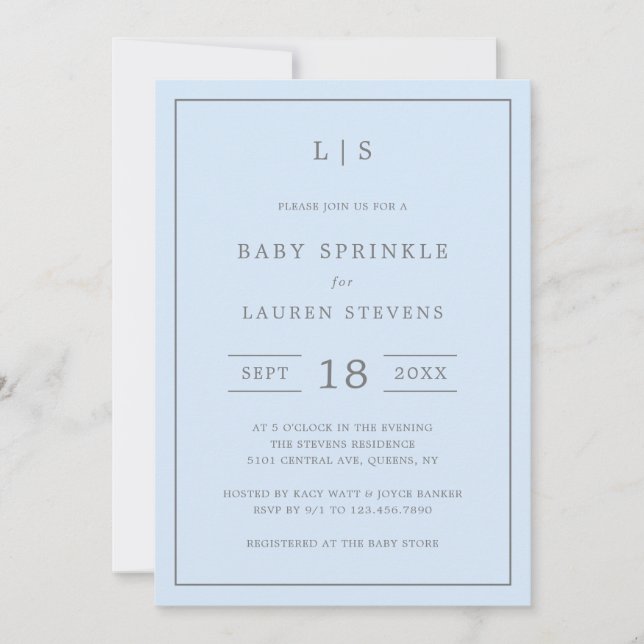 Simple Blue and Grey Monogram Boy Baby Sprinkle Invitation (Front)