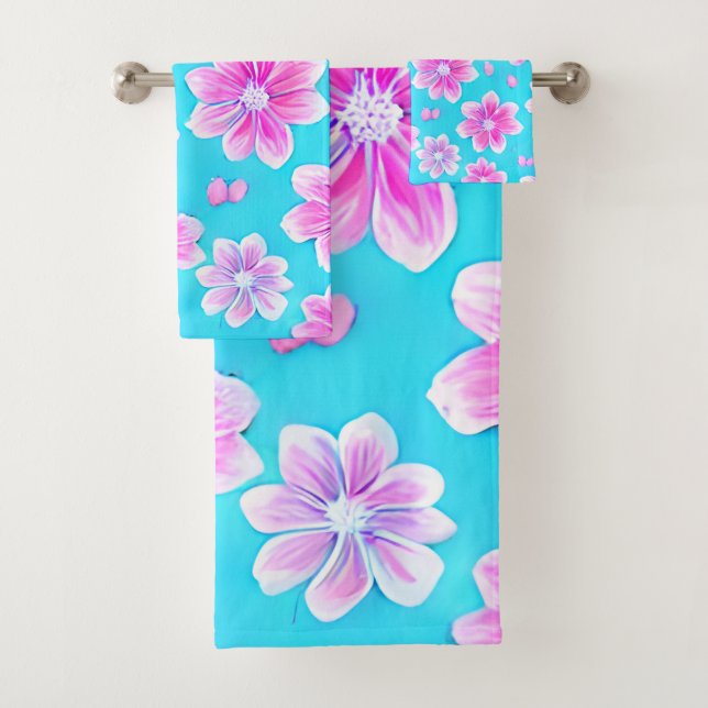 Simple Blue and Pink Flower Pattern  Bath Towel Set (Insitu)