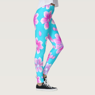 Simple Blue and Pink Flower Pattern Leggings