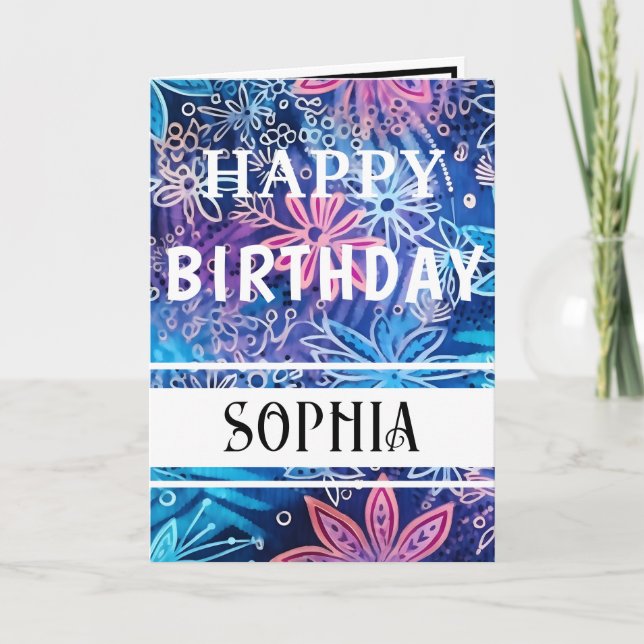 Simple Blue and Pink Print Happy Birthday Card (Front)