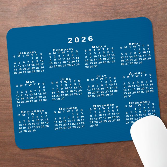 Simple Blue and White 2026 Calendar Mouse Mat (Simple Blue and White 2026 Calendar Mouse Pad, in situ)