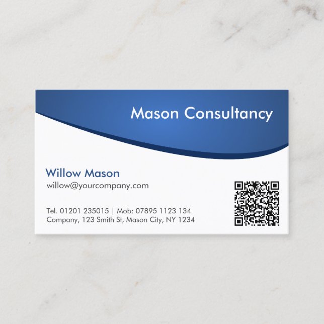 Simple Blue and White Curved QR Code Business Card (Front)