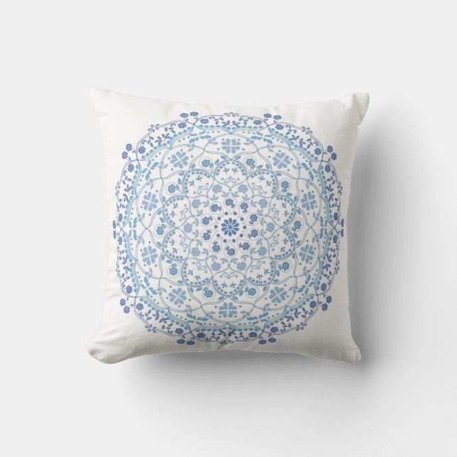 Simple Blue And White Elegant Floral Mandala Cushion (Front)