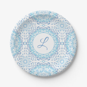 Simple Blue And White Elegant Floral Mandala Paper Plate