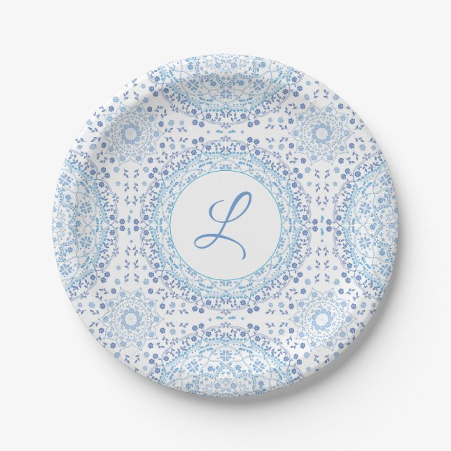 Simple Blue And White Elegant Floral Mandala Paper Plate (Front)