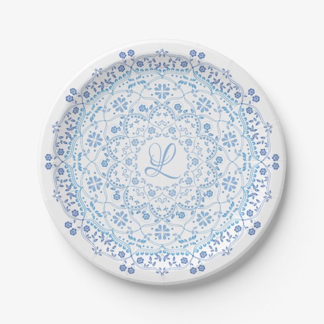 Simple Blue And White Elegant Floral Mandala Paper Plate (Front)