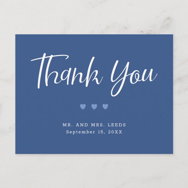 Simple Blue and White Hearts Wedding Thank You Postcard (Front)