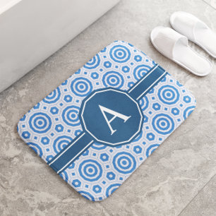 Simple Blue and White Modern Geometric Monogram Bath Mat