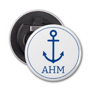 Simple Blue and White Nautical Anchor Monogram Bottle Opener