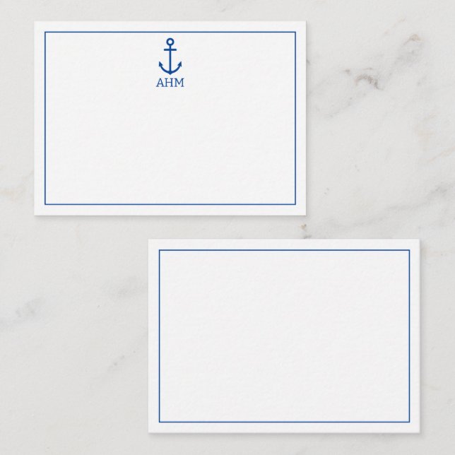 Simple Blue and White Nautical Anchor Monogram Card (Front/Back)