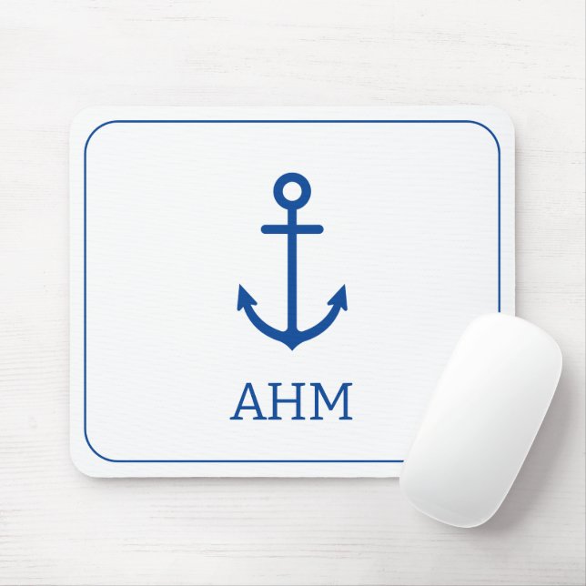 Simple Blue and White Nautical Anchor Monogram Mouse Mat (With Mouse)