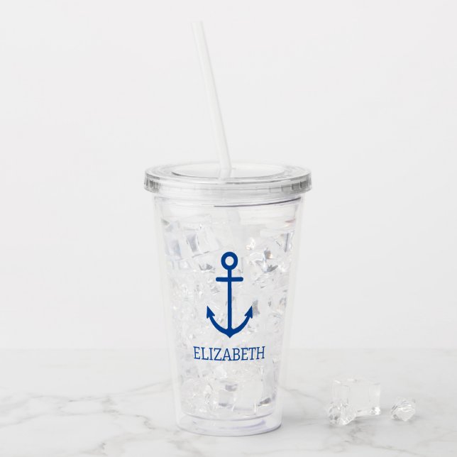 Simple Blue and White Nautical Anchor Personalised Acrylic Tumbler (Front Ice)