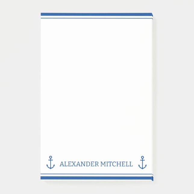 Simple Blue and White Nautical Anchor Personalised Post-it Notes (Front)