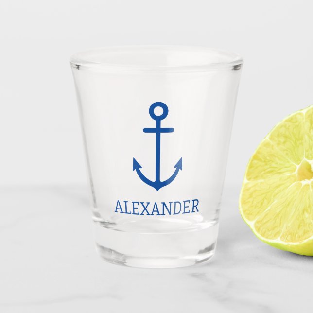 Simple Blue and White Nautical Anchor Personalised Shot Glass (Front)