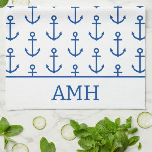 Simple Blue and White Nautical Anchor Personalized Tea Towel