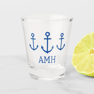 Simple Blue and White Nautical Anchors Monogram Shot Glass