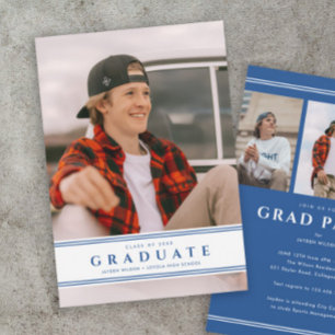Simple Blue and White Sporty Photo Graduation Invitation