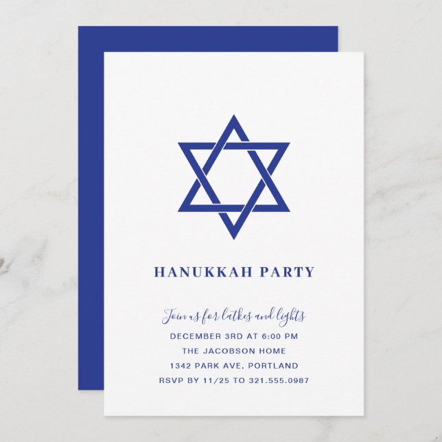 Simple Blue and White Star of David Hanukkah Party Invitation (Front/Back)