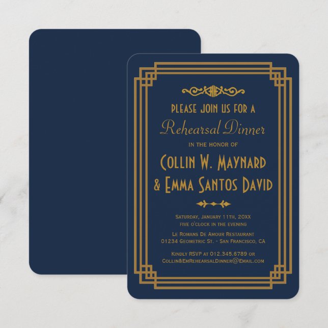 Simple Blue Art Deco Rehearsal Dinner Invites (Front/Back)