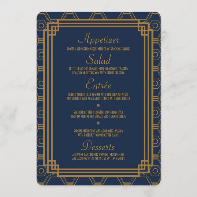 Simple Blue Art Deco Wedding Menu Cards (Front)