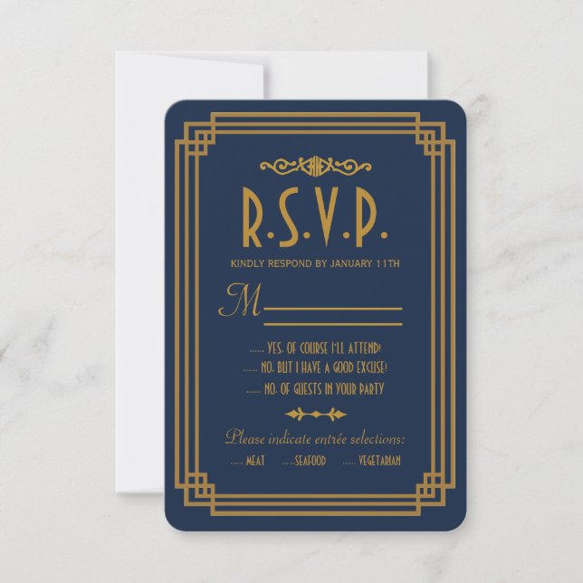 Simple Blue Art Deco Wedding RSVP Cards (Front)