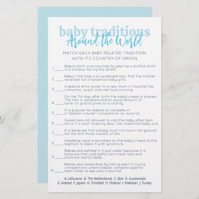 Simple Blue Baby Traditions Baby Shower party game (Front/Back)