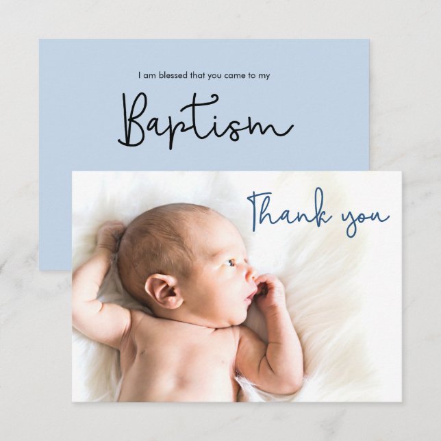Simple Blue Baptism Baby boy photo thank you card (Front/Back)