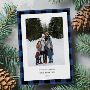 Simple Blue Black Plaid Border 2 Photos Christmas Holiday Card