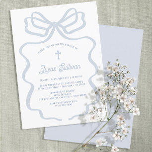 Simple Blue Bow Baptism Invitation