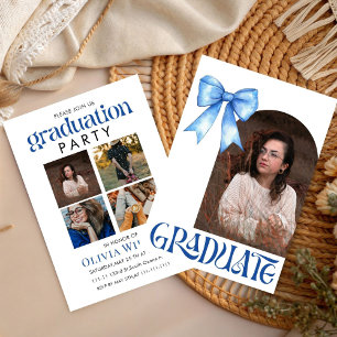Simple Blue Bow Design Graduation with Photos Invitation