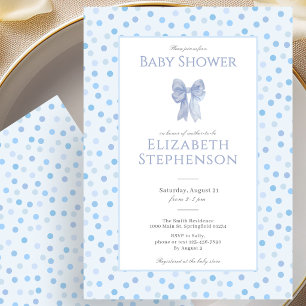Simple Blue Bow Polka Dots Baby Shower Invitation