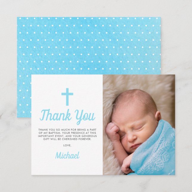 Simple Blue Boy Baptism Christening Photo Thank You Card (Front/Back)
