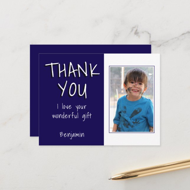 Simple Blue Boy Photo Thank you Birthday Postcard (Front/Back In Situ)