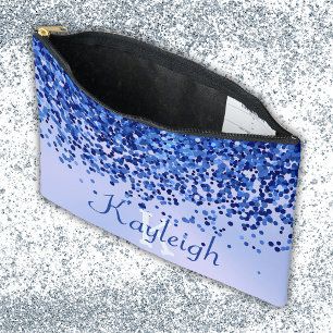 Simple Blue Brushed Metal and Glitter Monogram Accessory Pouch