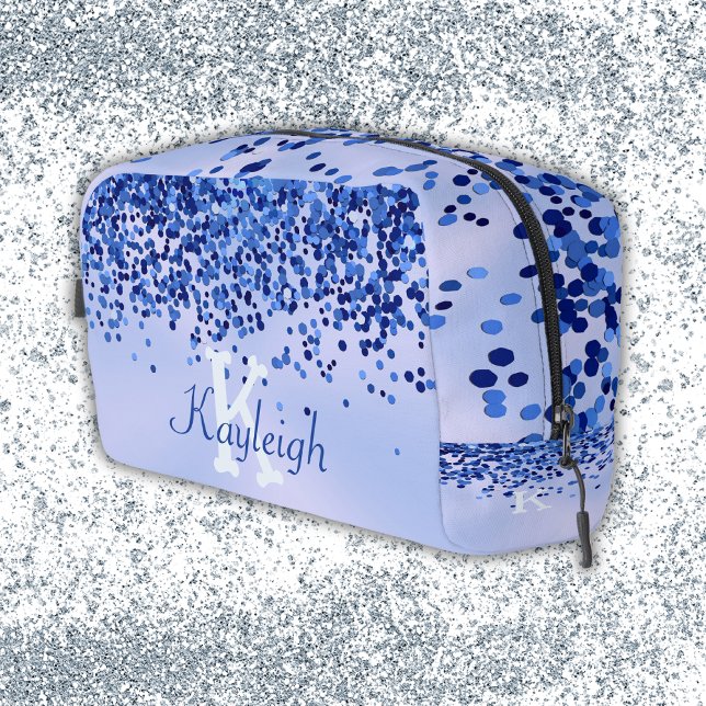 Simple Blue Brushed Metal and Glitter Monogram | Dopp Kit (Creator Uploaded)