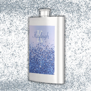 Simple Blue Brushed Metal and Glitter Monogram   Hip Flask