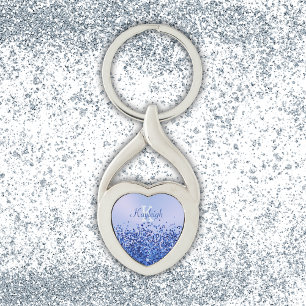 Simple Blue Brushed Metal and Glitter Monogram Key Ring