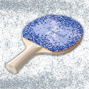 Simple Blue Brushed Metal and Glitter Monogram Ping Pong Paddle