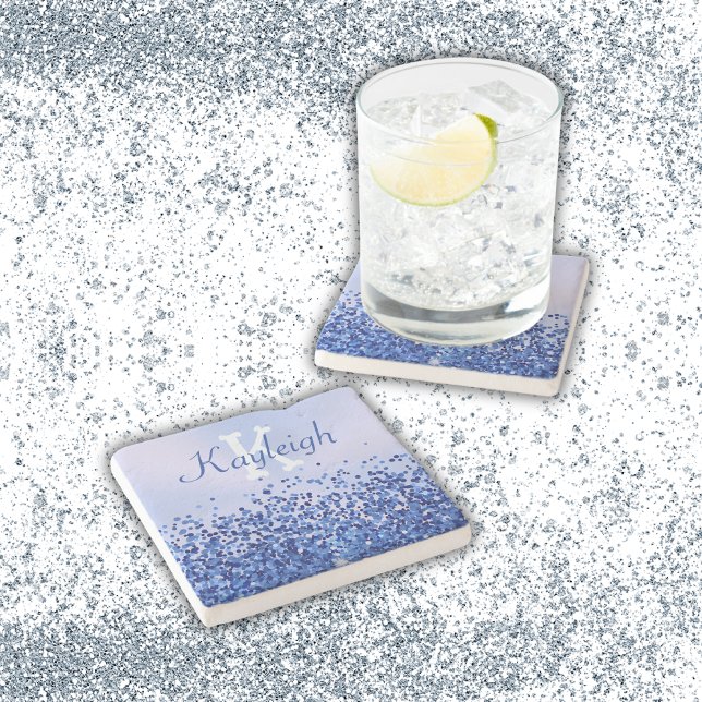 Simple Blue Brushed Metal and Glitter Monogram | Stone Coaster (Creator Uploaded)