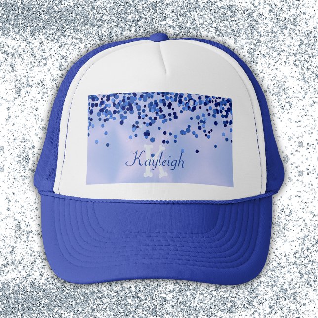 Simple Blue Brushed Metal and Glitter Monogram | Trucker Hat (Creator Uploaded)